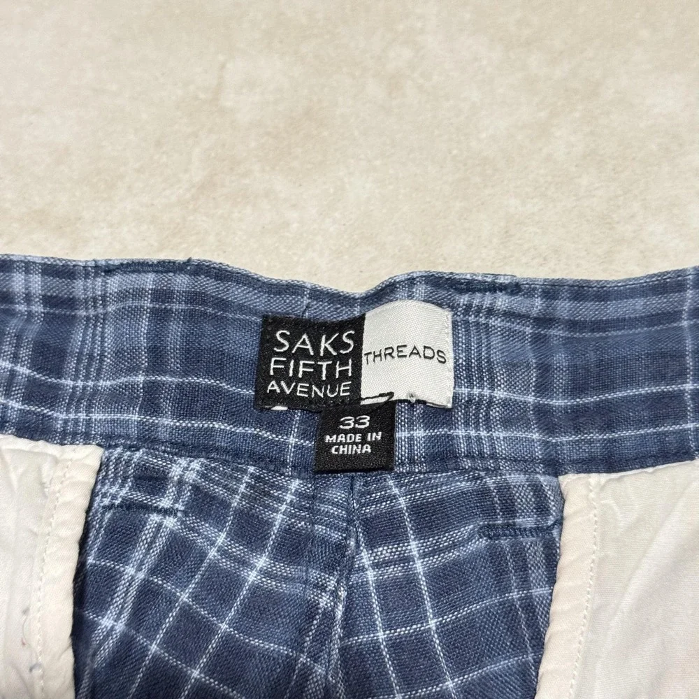 Saks Fifth Avenue Threads Shorts Mens 33 Blue Plaid 100% Linen Flat Front Summer